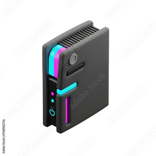 A sleek, isometric 3D render of a futuristic mini computer server or external hard drive with glowing neon blue and pink lights on a clean white background