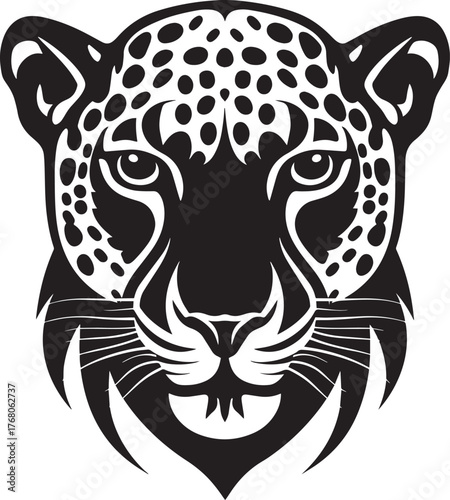 A black and white illustration of a jaguar's head with a white background.