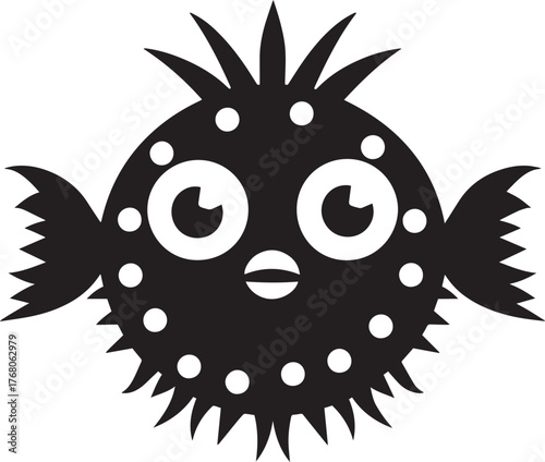 A black and white illustration of a cute, cartoonish fish with a round body, large eyes, and spiky fins.