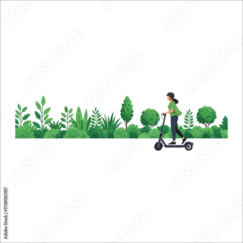 Woman Riding Electric Scooter In Park With Bushes Eco Friendly Transport