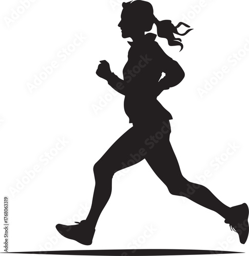A black and white silhouette of a female runner against a white background.