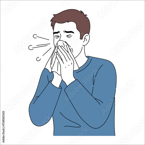 Illustration Of A Man Sneezing Into A Tissue During Flu Season Or Allergy Episode
