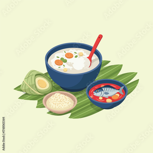Traditional Asian breakfast set with congee fish and rice dumpling.