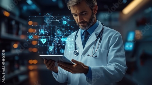 Focused male doctor in white coat with stethoscope using tablet with futuristic medical icons floating in dark modern environment