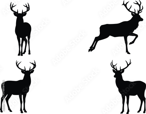 Deer silhouettes collection, stag and buck animal outlines on white background, wildlife vector illustration, forest nature art design, hunting symbol