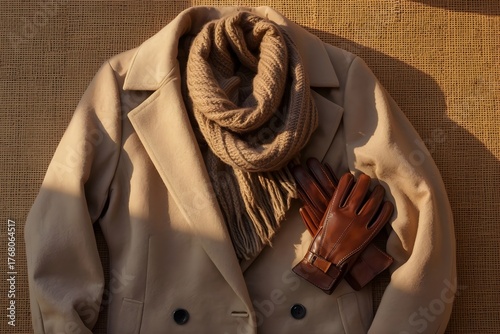 Neutral Winter Outfit Flat Lay with Coat, Scarf, and Gloves