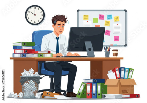 Too much work in the office. Distressed businessman overwhelmed with office work . Tired worker in the workplace . Work burnout silhouette. Overworked employee . Too much work.