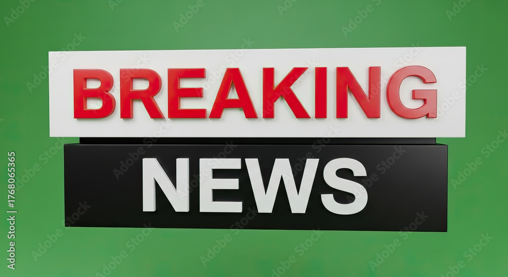 Fototapeta premium 3D Render of Bold Red and White BREAKING NEWS Sign on Green Screen Background