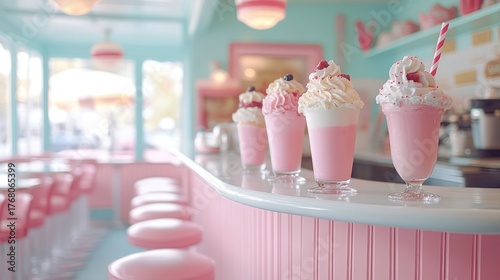 Row of pink milkshakes with whipped cream and toppings lined up on a retro pastel pink and turquoise diner counter with bar stools and soft natural light