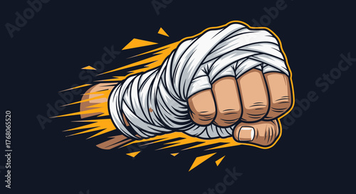 Illustration of a clenched fist wrapped in white bandages, with yellow speed lines indicating motion and impact.