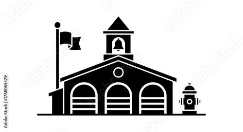 A black and white illustration of a fire station with a flag and hydrant.