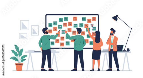 Team members collaborate, brainstorming ideas, and organizing sticky notes on a large whiteboard.