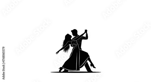 Silhouette of a couple dancing, the woman in a flowing dress and the man holding her close.