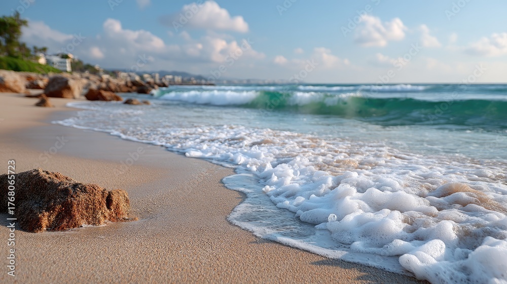 Fototapeta premium Close Up Of Sandy Tropical Beach With Gentle Waves Rolling Onto Shore Under A Bright Blue Sky With Scattered Clouds On A Sunny Day