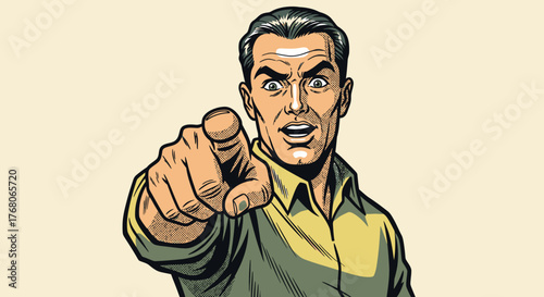 A surprised man points directly at the viewer, expressing surprise and accusation.