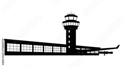 Silhouette of an airport terminal with control tower and airplane, showing its structure.