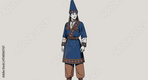 Illustration of a person wearing traditional blue clothing and hat, standing.