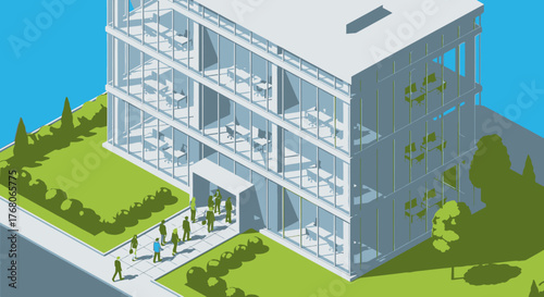 Isometric illustration of a modern office building with people entering and exiting, surrounded by green grass and a blue sky.