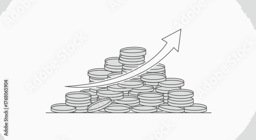 A pile of coins is depicted with an arrow pointing upwards, symbolizing financial growth and investment.