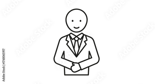 Simple line drawing of a person in a suit, arms crossed, smiling.
