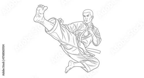 Line art illustration of a man performing a martial arts kick, wearing a gi and belt.