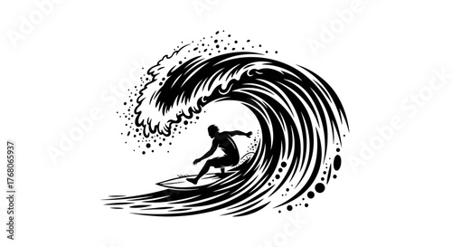 A surfer silhouette rides a large, stylized wave with splashing water, depicted in a black and white illustration.