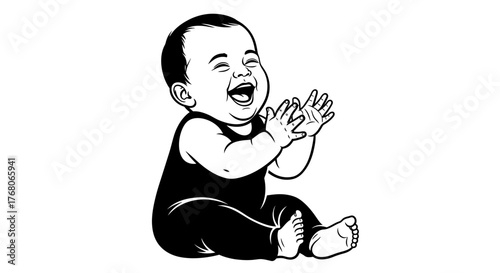 A joyful baby clapping hands and laughing with pure happiness, sitting.