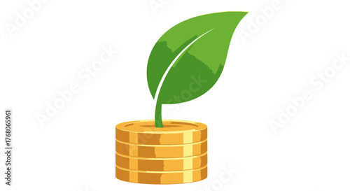 A stack of golden coins with a green leaf growing out of the top.