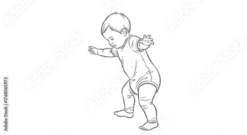 Line drawing of a baby learning to walk, arms outstretched for balance, looking down.