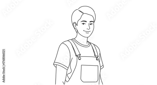 Line drawing of a young person wearing overalls, smiling and looking forward.