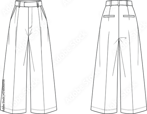 Women wide leg trousers technical sketch, front and back view, high waist pleated pants, fashion apparel template, cad drawing flat vector illustration