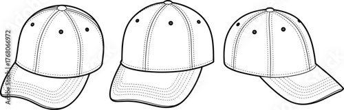 Baseball cap technical sketch, multi-angle flat vector drawing, curved brim hat with stitching detail, CAD fashion illustration template