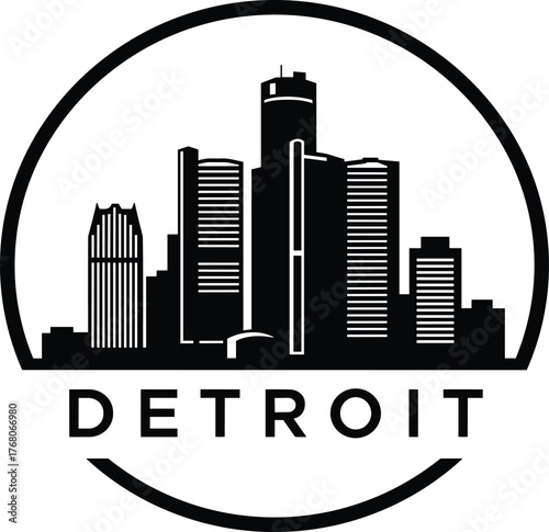 Detroit skyline logo vector with modern skyscrapers in circle design, minimalist cityscape silhouette for prints, branding, and merchandise