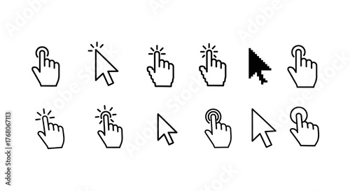 Collection of various hand icons with cursor pointers on a white background