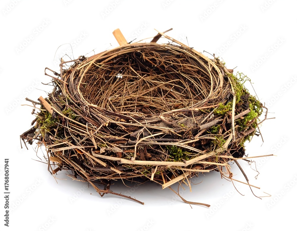 Obraz premium A close-up of an empty, intricately woven nest set against a white backdrop