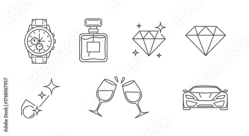 Luxury lifestyle line icons vector illustration of expensive items isolated on white background