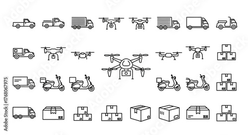 Set of delivery and transportation icons simple line vector design perfect for logistics and e-commerce applications