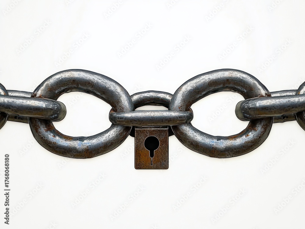 Obraz premium Close-up of a rusty metal chain secured with an old padlock against a plain light background, symbolizing security and restriction