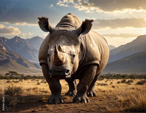 A formidable rhinoceros stands majestically in an African landscape