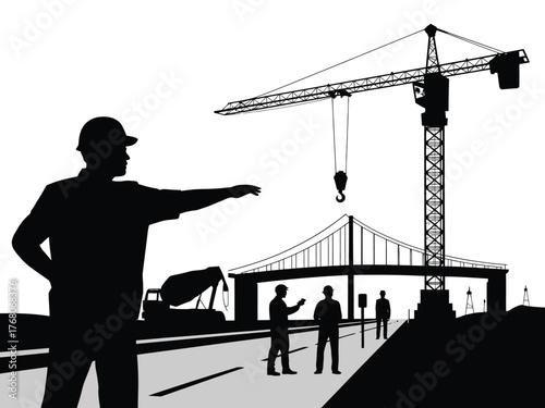 Civil engineers overseeing bridge construction site silhouette crane