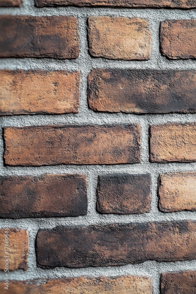 Fototapeta premium Close-up view of a textured brick wall with alternating dark and light brown bricks and gray mortar in between