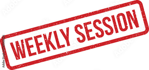 A rectangular distressed effect stamp featuring the bold text WEEKLY SESSION for regular meetings or training