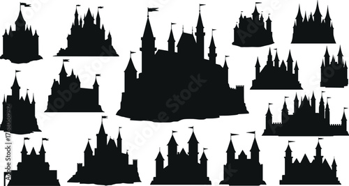Fairy tale castle silhouettes collection, fantasy fortress vector set, medieval palace icons, magical kingdom architecture illustration for design and decoration