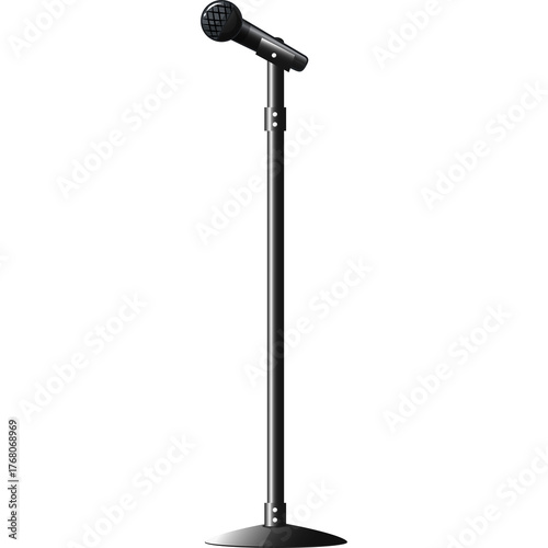A Black Dynamic Microphone Mounted on a Tall Adjustable Stand with a Round Base on a White Transparent Background