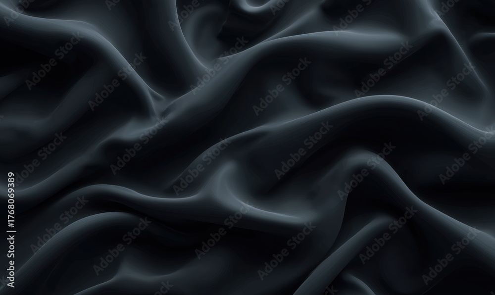 Fototapeta premium Elegant black silk waves flowing on dark background, smooth satin texture and abstract luxury drapery design, minimalist vector backdrop for fashion, banner, wallpaper, and premium branding concept