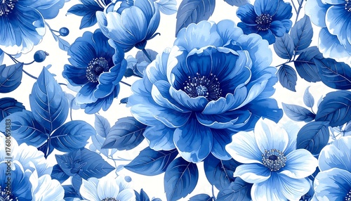 A seamless pattern featuring vibrant blue floral arrangement
