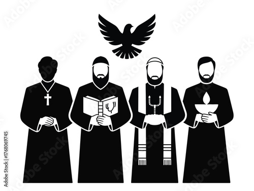 Clergy members holding religious objects with dove above book