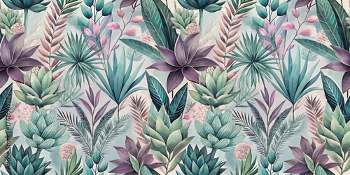Colorful botanical illustration featuring a variety of plants and leaves in shades of green and pink.