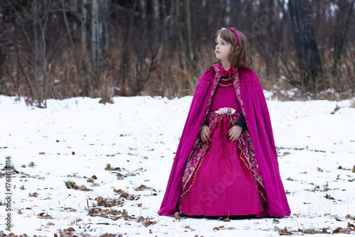 Cute toddler girl in a beautiful velvet royal princess outfit with a cape and a long dress. Child is standing in the snowy forest, Halloween costume.