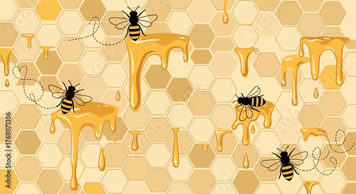 Honeycombs with dripping honey and flying bees create a sweet and natural pattern design